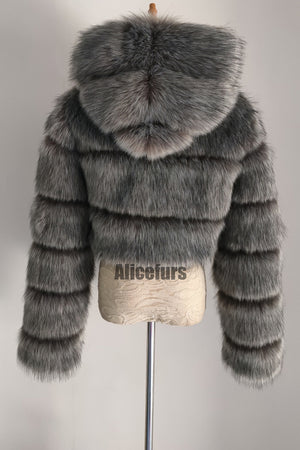 hooded faux fur jackets fluffy cropped outerwear for women in dark gray 1 Alicefurs