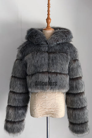 hooded faux fur jackets fluffy cropped outerwear for women in dark gray Alicefurs
