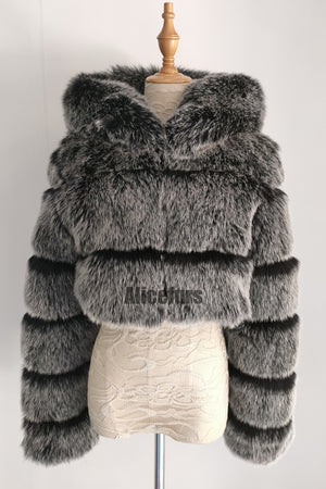 hooded faux fur jackets fluffy cropped outerwear for women in dusty gray 1 Alicefurs