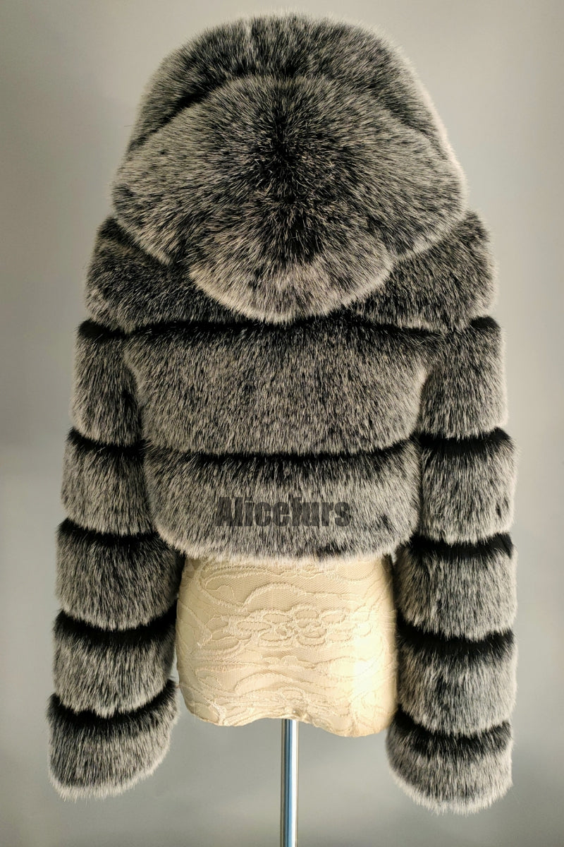 Hooded Faux Fur Jacket Fluffy Cropped Outerwear for Women