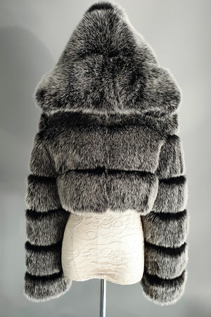 hooded faux fur jackets fluffy cropped outerwear for women in dusty gray Alicefurs