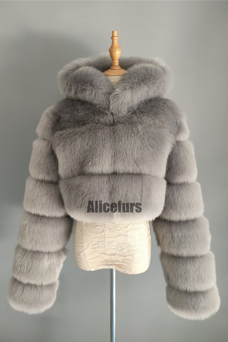 Hooded Faux Fur Jacket Fluffy Cropped Outerwear for Women