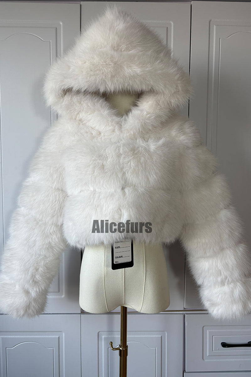 Hooded Faux Fur Jacket Fluffy Cropped Outerwear for Women