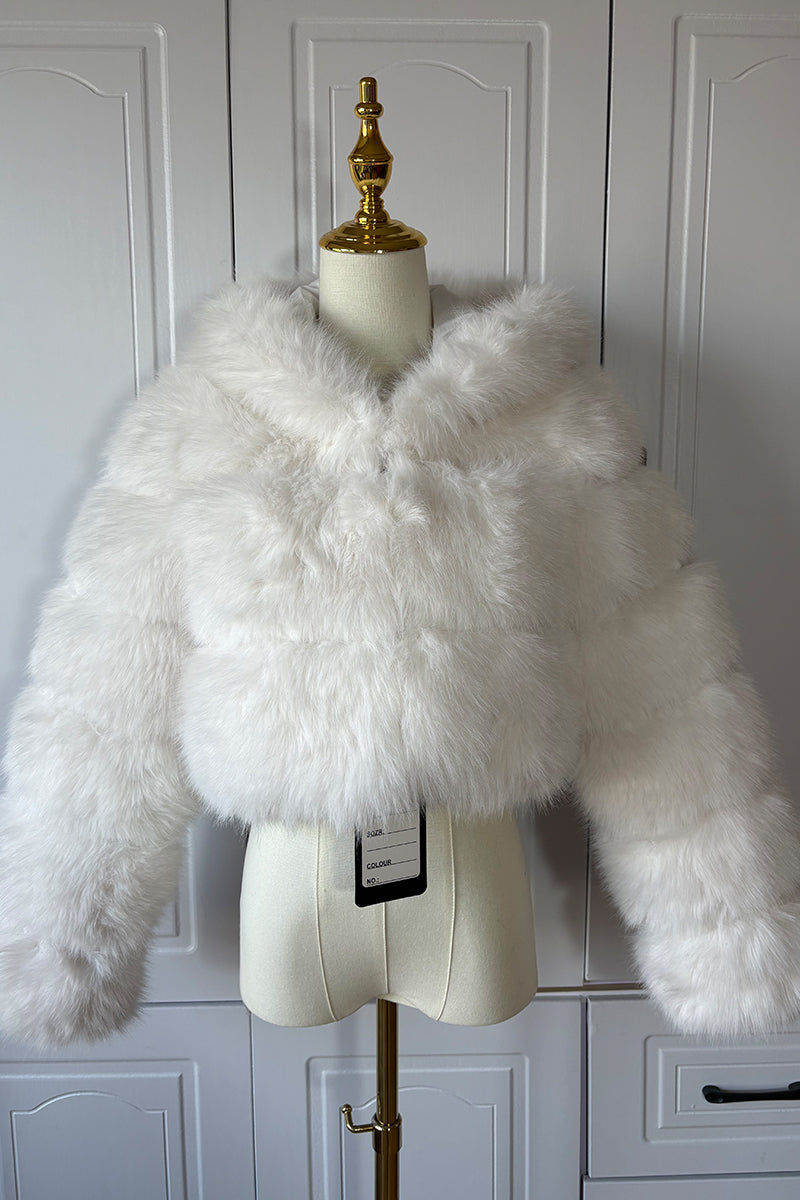 Hooded Faux Fur Jacket Fluffy Cropped Outerwear for Women