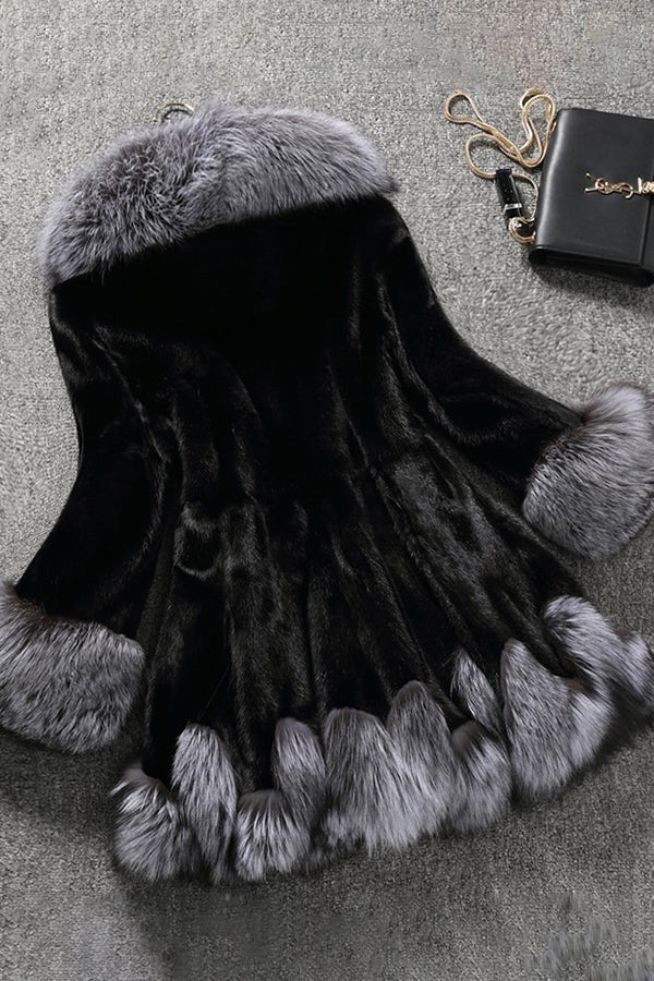 Hooded Fuzzy Coat with Faux Fur Trim Women's Elegant Dress Overcoat