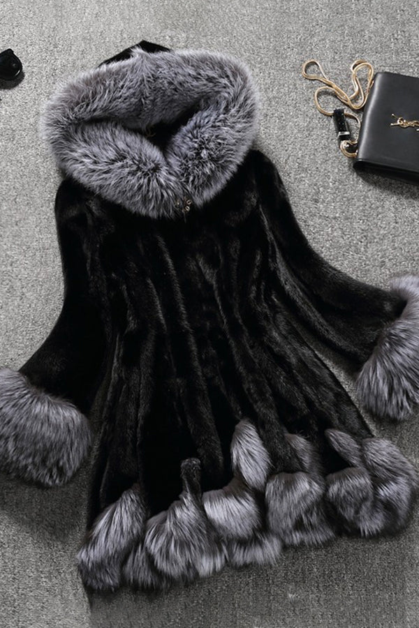 Hooded Fuzzy Coat with Faux Fur Trim Women's Elegant Dress Overcoat