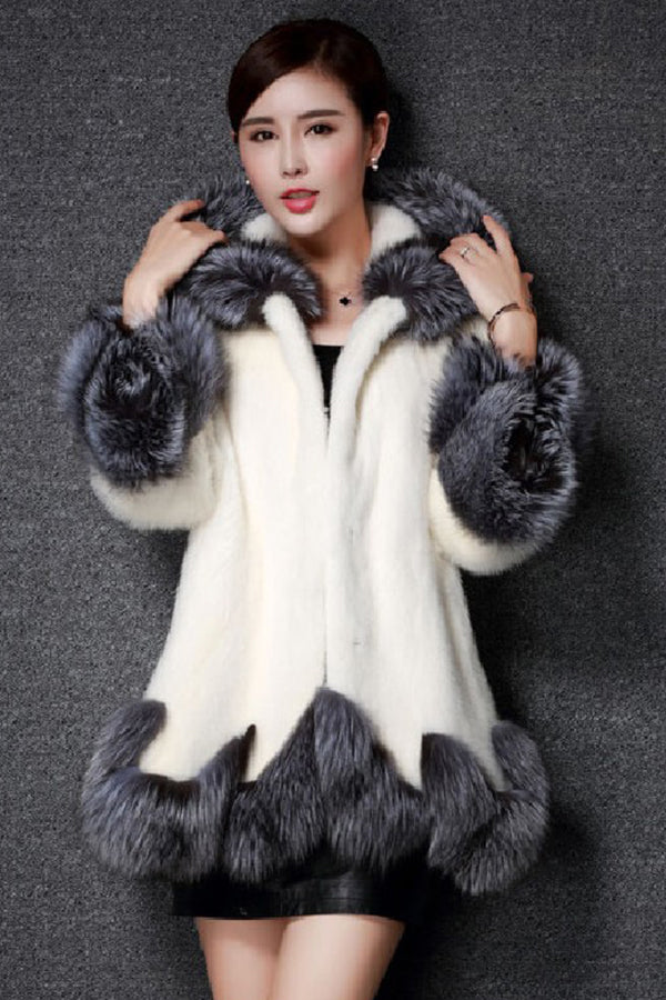 Hooded Fuzzy Coat with Faux Fur Trim Women's Elegant Dress Overcoat