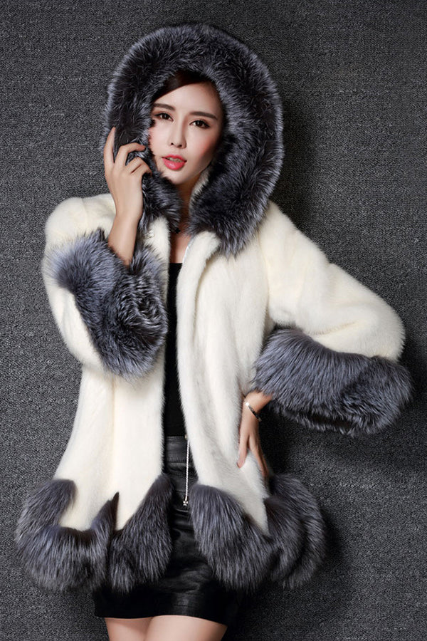 Hooded Fuzzy Coat with Faux Fur Trim Women's Elegant Dress Overcoat