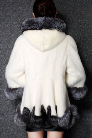 hooded fuzzy coat with faux fur trim womens elegant dress overcoat in ivory 5 Alicefurs