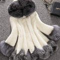hooded fuzzy coat with faux fur trim womens elegant dress overcoat in ivory Alicefurs