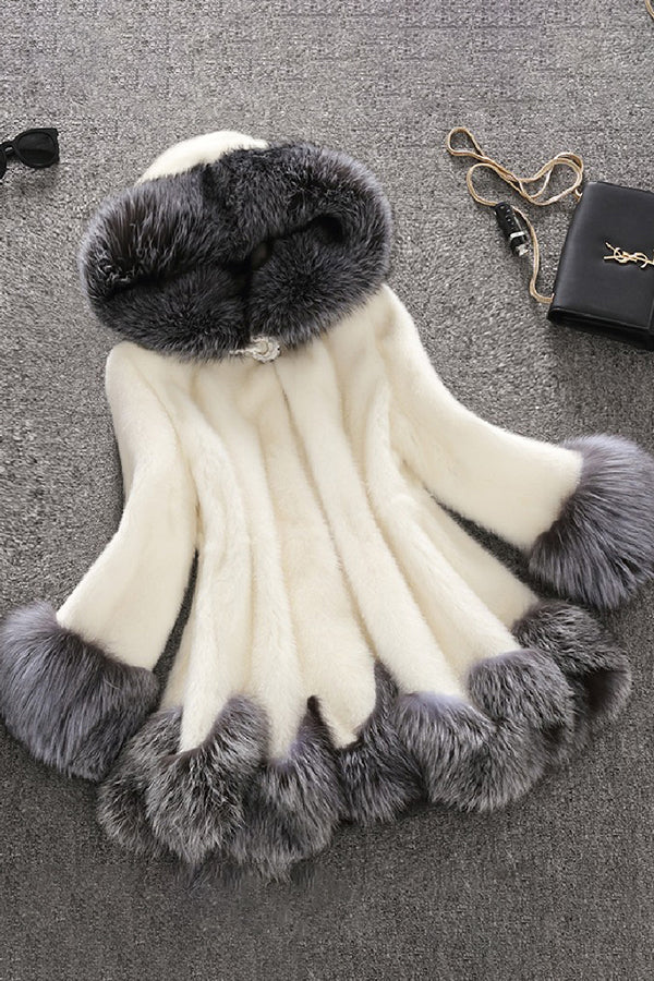 Hooded Fuzzy Coat with Faux Fur Trim Women's Elegant Dress Overcoat