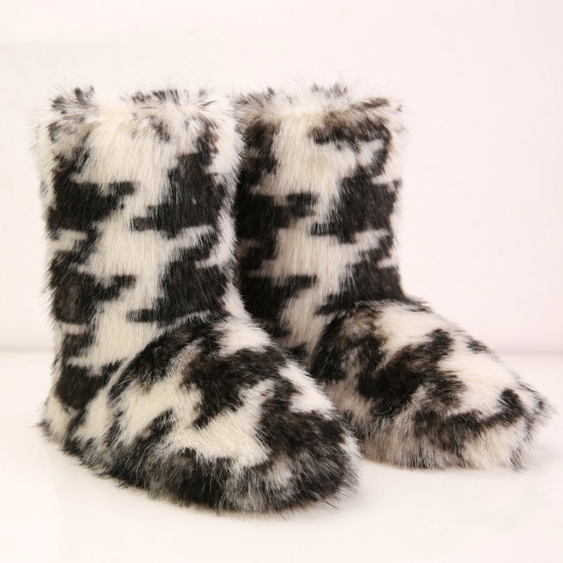 Houndstooth Faux Fur Boots for Ladies