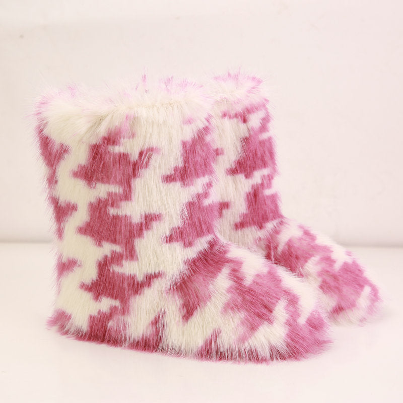 Houndstooth Faux Fur Boots for Ladies