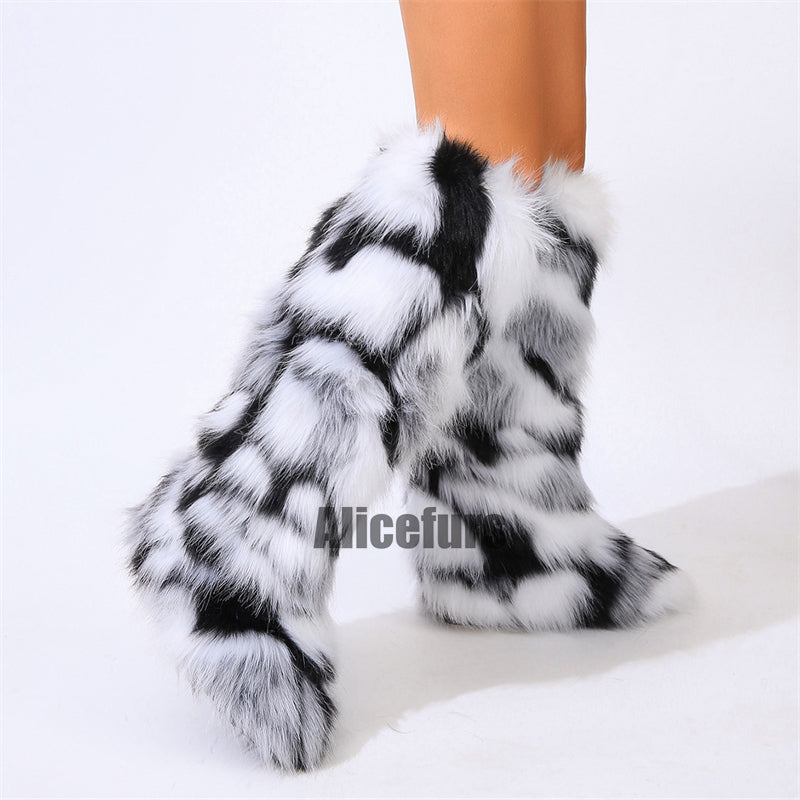 Bottes hautes en fourrure noires et blanches pour femmes