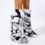 Knee High Fur Boots in Black and White for Women