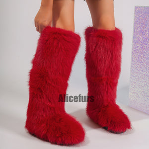 knee high fur covered boots for women in red 2 Alicefurs