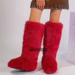 knee high fur covered boots for women in red 3 Alicefurs