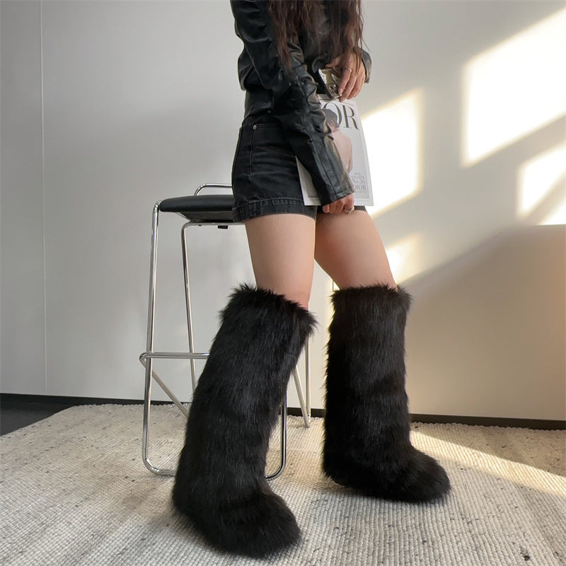 knee high furry boots winter tall fur boots for women in black 2 Alicefurs