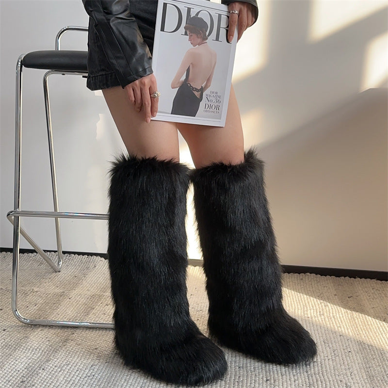 knee high furry boots winter tall fur boots for women in black Alicefurs