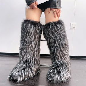 knee high furry boots winter tall fur boots for women in dusty black 1 Alicefurs