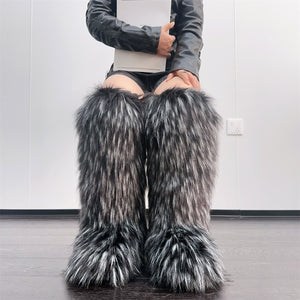 knee high furry boots winter tall fur boots for women in dusty black Alicefurs