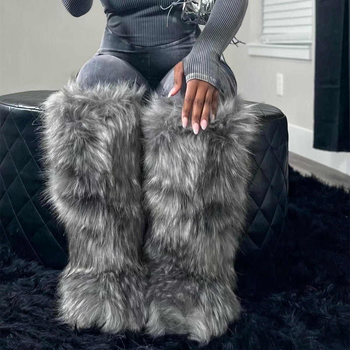Knee High Furry Boots Winter Tall Fur Boots for Women