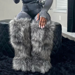 knee high furry boots winter tall fur boots for women in dusty grey Alicefurs