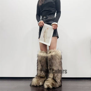 knee high furry boots winter tall fur boots for women in raccoon brown 2 Alicefurs