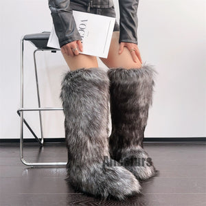 knee high furry boots winter tall fur boots for women in silver grey 2 Alicefurs