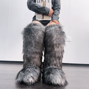 knee high furry boots winter tall fur boots for women in silver grey Alicefurs