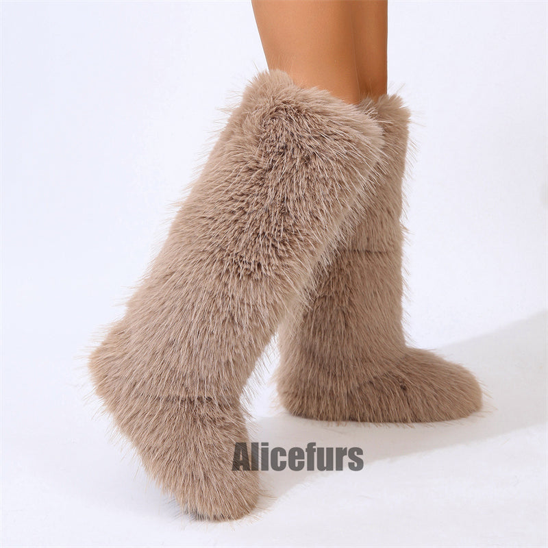 Bottes hautes en fourrure à pompons pour femmes