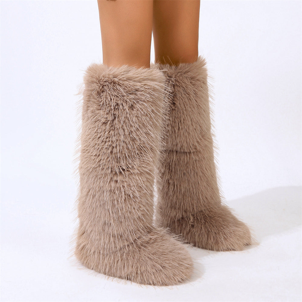 Bottes hautes en fourrure à pompons pour femmes
