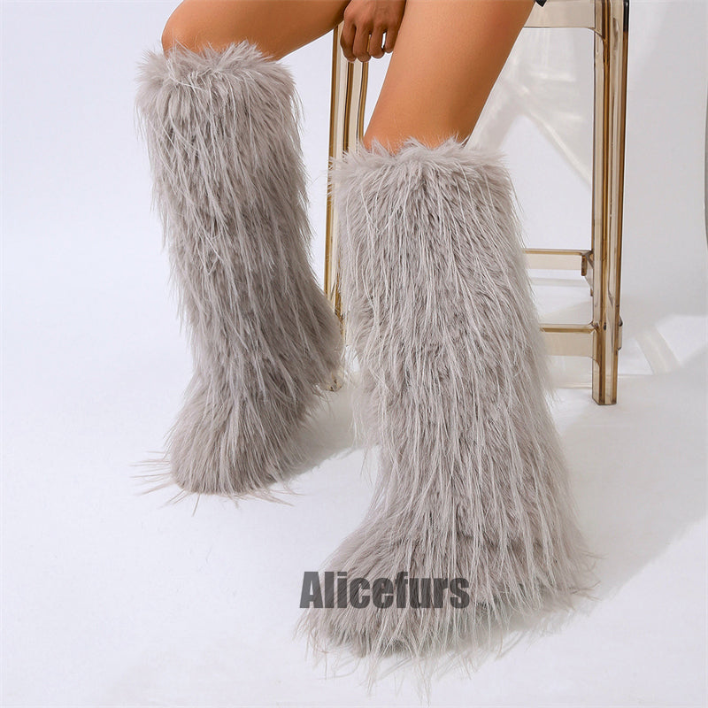 Bottes hautes en fourrure à pompons pour femmes