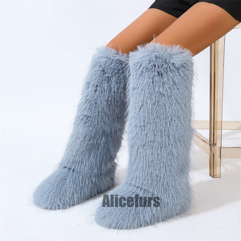 Bottes hautes en fourrure à pompons pour femmes