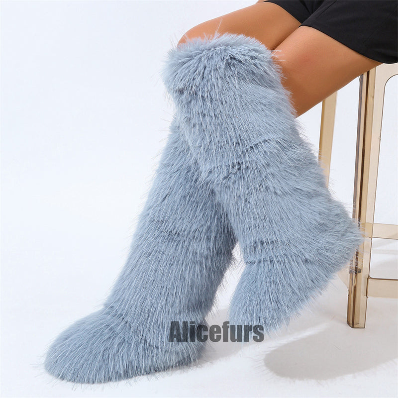 Bottes hautes en fourrure à pompons pour femmes