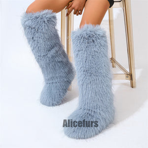 knee high tassel fur boots for women in light blue 4 Alicefurs