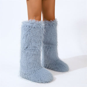 knee high tassel fur boots for women in light blue Alicefurs
