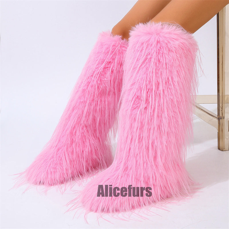 Bottes hautes en fourrure à pompons pour femmes