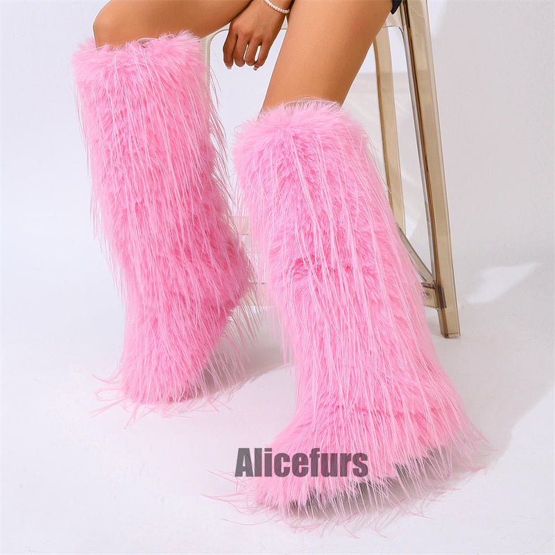 Bottes hautes en fourrure à pompons pour femmes