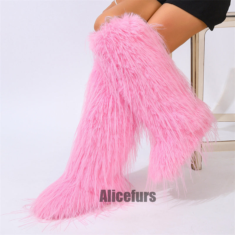 Bottes hautes en fourrure à pompons pour femmes