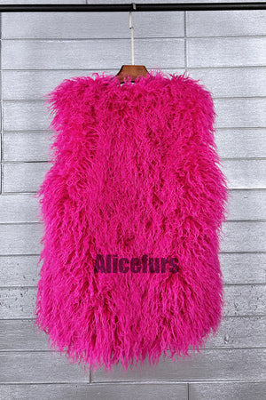 lamb fur vest long shaggy sleeveless jacket for women in fuchsia 1 Alicefurs