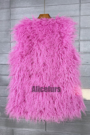 lamb fur vest long shaggy sleeveless jacket for women in hot pink 1 Alicefurs