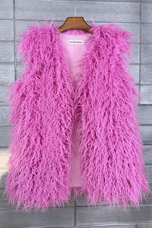 lamb fur vest long shaggy sleeveless jacket for women in hot pink Alicefurs