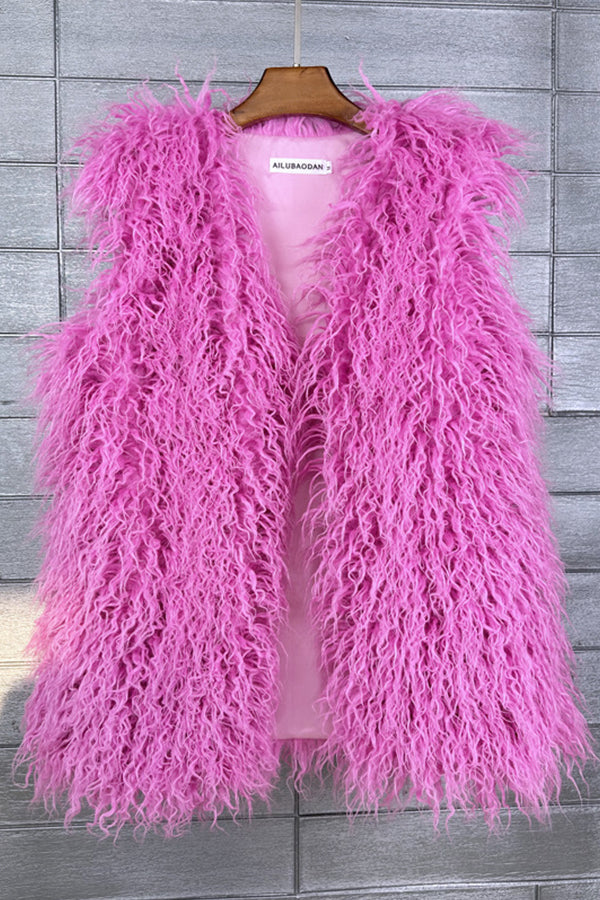 Lamb Fur Vest Long Shaggy Sleeveless Jacket for Women
