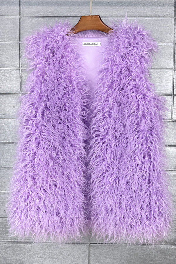 Lamb Fur Vest Long Shaggy Sleeveless Jacket for Women