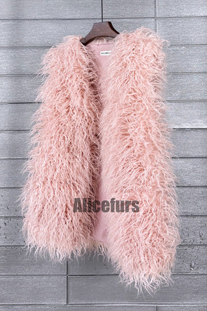 lamb fur vest long shaggy sleeveless jacket for women in light pink 2 Alicefurs