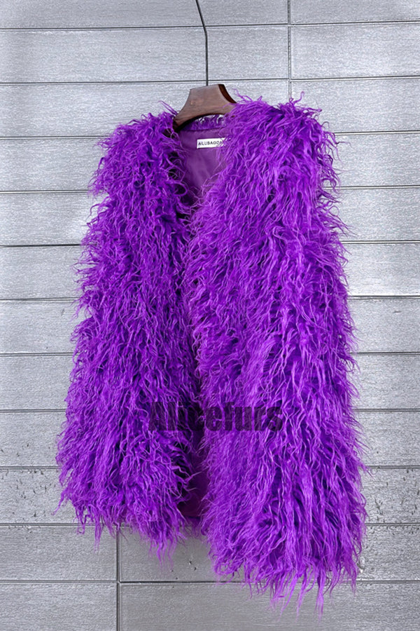 Lamb Fur Vest Long Shaggy Sleeveless Jacket for Women