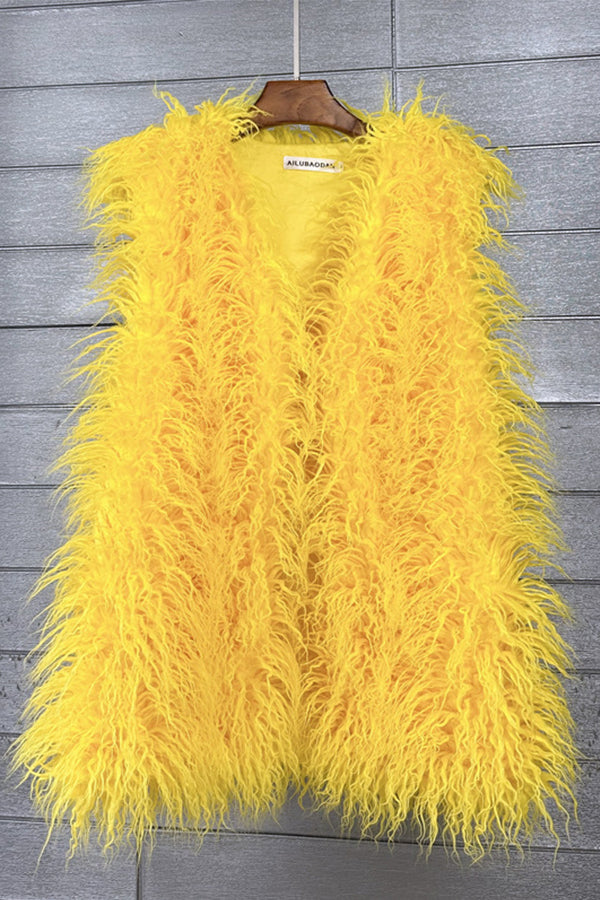 Lamb Fur Vest Long Shaggy Sleeveless Jacket for Women