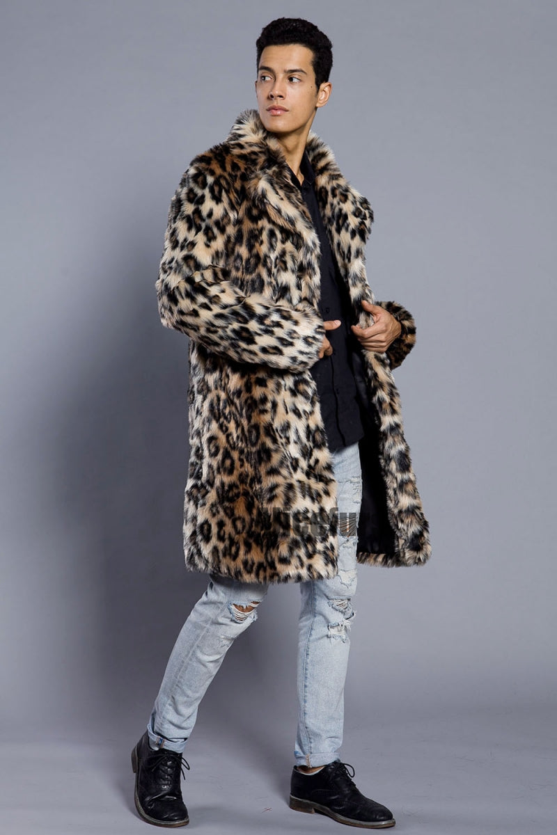 Leopard Faux Fur Coat Men's Winter Animal Print Long Outerwear