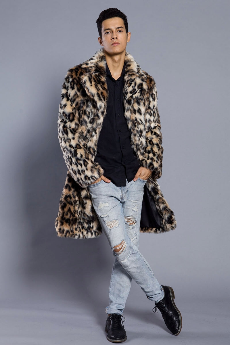 Leopard Faux Fur Coat Men's Winter Animal Print Long Outerwear